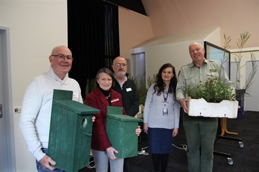 Paul Nestbox Coordinator at Woodend Mens Shed, MRSC Mayor Jennifer Anderson,Kevin President Woodend Mens Shed,Karen Muscat MRSC, Mark Lee DELWP