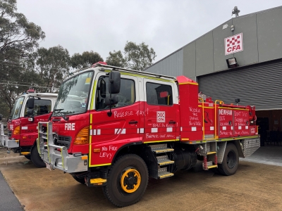 A firetruck at the Newham CFA Shed, for the All-Councillor Listening Post on the ESVF Levy and drought on Sunday 15 June 2025.