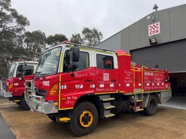 A firetruck at the Newham CFA Shed, for the All-Councillor Listening Post on the ESVF Levy and drought on Sunday 15 June 2025.