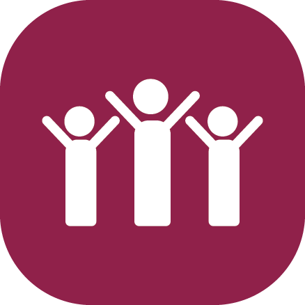 Reversed white icons of three people in a row with arms in the air on a maroon background