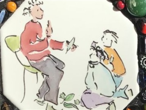watercolour tile by artist Elizabeth Darling depicting people being read to